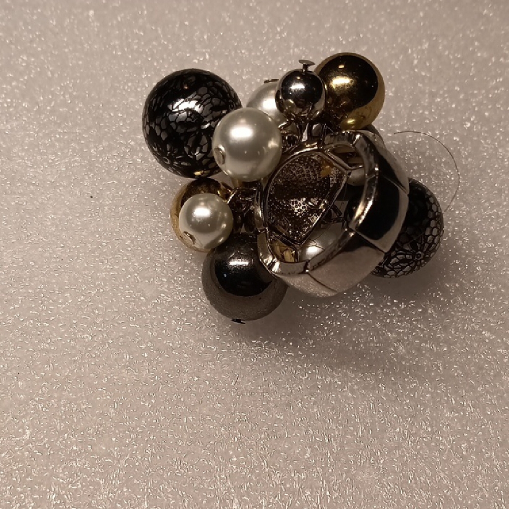 Cluster Pearl and Metallic Bead Cocktail Ring - Black, White, Gold, Silver